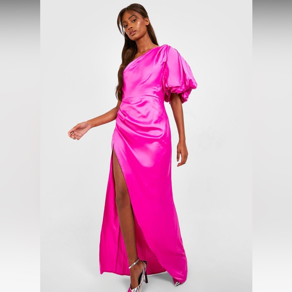 Puff One Shoulder Side Split Maxi Dress